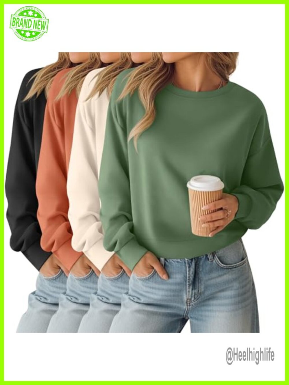 Cropped Long Sleeve Sweatshirts 4 Pack Relaxed Fit Crew Neck Pullover Tops